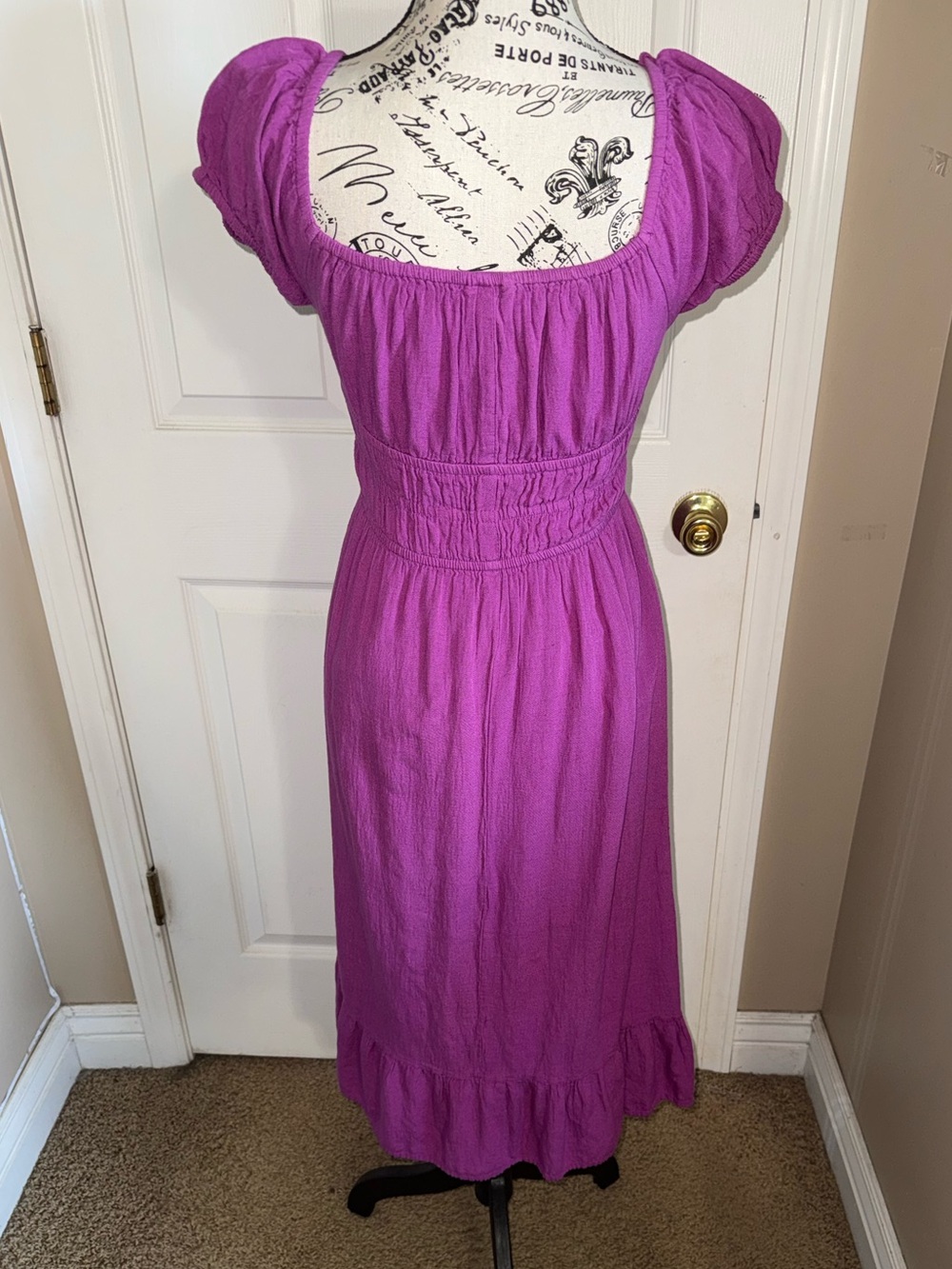 Sim & Sam Purple Linen Blend Smocked Puff Sleeve Midi Dress Small - Picture 3 of 9
